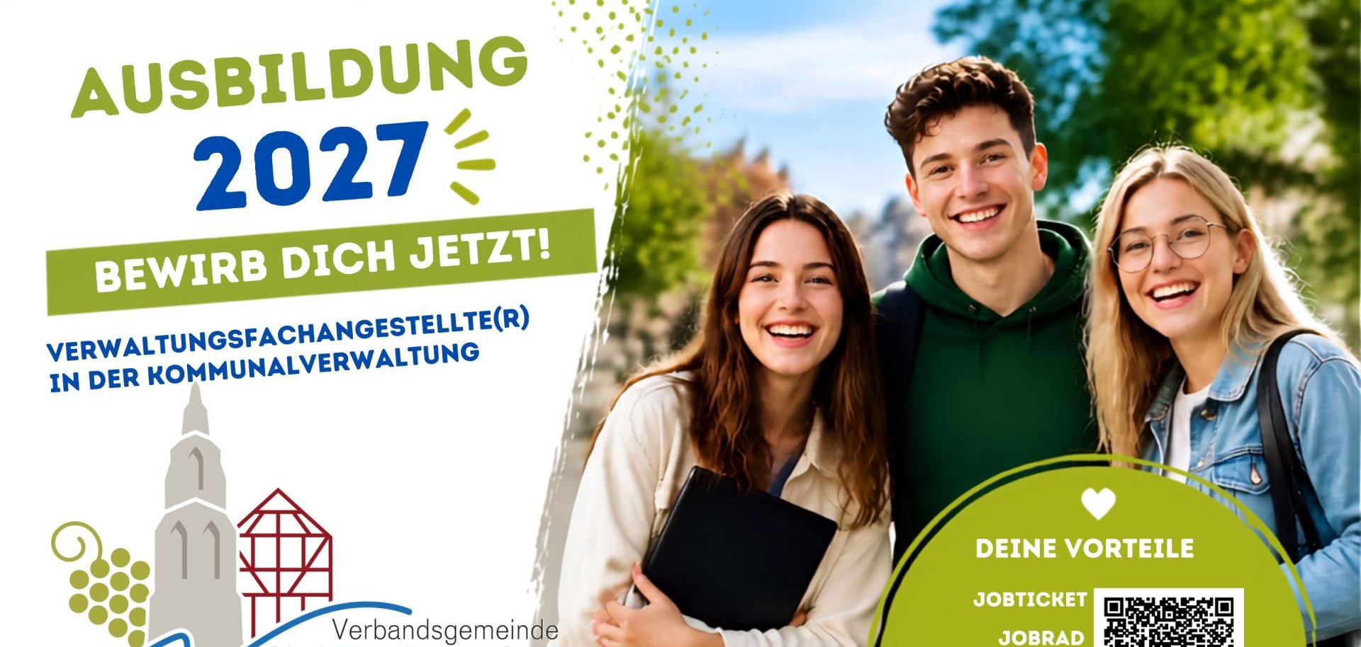 Drei junge Menschen neben VG Logo und Text zum Ausbildungsgesuch