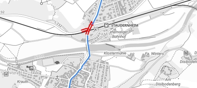 Straßenkarte welche eine Sperrung in Staudernheim zeigt