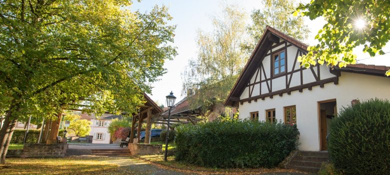 Foto aus seitlicher Weitwinkelperspektive eines historischen, restaurierten Fachwerkhauses in der Ortsgemeinde Bärweiler neben einem einfachen, alten, steinernen Brunnen, sonnendurchfluteter, dichtbelaubter Bäume und einer grünen Hecke. Überdachte Sitzgelegenheit und historische Straßenlaterne.
