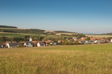 Foto einer kleinen Siedlung etwas vertieft, naturumschlossen in einer grünen leicht hügeligen Feld- und Wiesenlandschaft mit nur wenigen Bäumen und Sträuchern liegend bei kaum bewölktem Himmel.