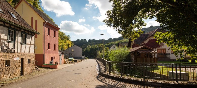 Foto historische Fachwerkgeäude auf Sandsteinnterbauten entlang einer Straße innerhalb einer kleinen Siedlung. Grünbelaubter Baum. Leicht bewölter Himmel, Sonennschein.