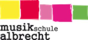 Logo der Musikschule Albrecht zeigt den Schriftzug Musikschule Albrecht unter ünf verschiedenen farbigen und unterschiedlich geformten Vierecken.