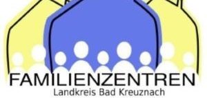 Logo der Familienzentren des Landkreises Bad Kreuznach. Stilistische Darstellung unterschiedlich großer Personen vor dem Hintergund dreier Häuser.