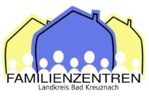 Logo der Familienzentren des Landkreises Bad Kreuznach. Stilistische Darstellung unterschiedlich großer Personen vor dem Hintergund dreier Häuser.