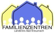 Logo der Familienzentren des Landkreises Bad Kreuznach. Stilistische Darstellung unterschiedlich großer Personen vor dem Hintergund dreier Häuser.