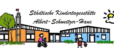 Logo der städtischen Kindertagesstätte Albert-Schweitzer-Haus zeigt eine stilisierte Zeichnung zweier spielender Kinder vor dem Gebäude der Kindertagesstätte.