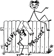 Logo des Kindergartens Kleine Strolche in Meisenheim zeigt skizzenhafte Zeichnung zweier Kinder spielend an einem Holzzaun.