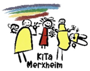 Logo der Kindertagesstätte Merxheim zeigt skizzenhaft zweifarbig gezeichnete Personen unterschiedlicher Größe und einen stilisiert angedeuteten Regenbogen.