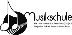Logo der Musikschule Kirn-Meisenheim-Bad Sobernheim zeigt eine stilistische verzerrte Darstellung zweier mittels Balken verbundener Sechszentelnoten über einer ebenso zerrhaft nach hinten auslaufender Notenliniatur neben dem Schriftzug der Musikschule.