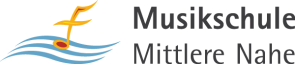 Logo der Musikschule mittlere Nahe zeigt eine rote und gelbe Achtelnote vor drei blauen, wellenförmig geschwungenen Notenlinien, die gleichermaßen den Fluss symbolisieren, neben dem Schriftzug Musikschule mittlere Nahe.