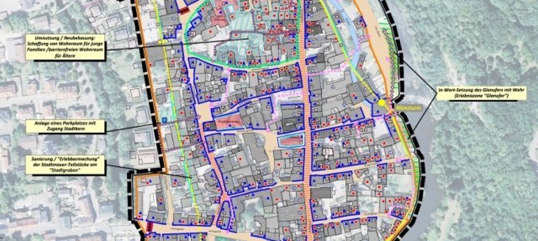 Luftaufnahme der Stadt Meisenheim mit eingezeichneter Kartierung des Geltungsbereiches des Förderprogramms aktive Stadt